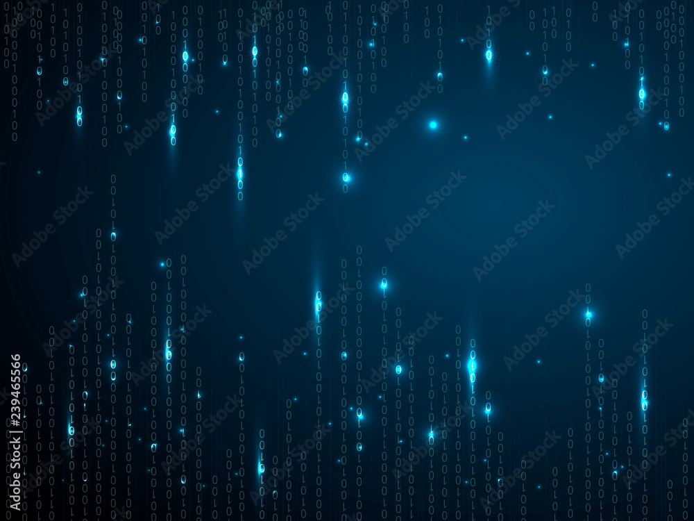 Binary matrix background. Falling digits on dark blue backdrop. Running random numbers. Abstract data concept. Blue futuristic cyberspace. Raster image Binary matrix background. Falling digits on dark blue backdrop. Running random numbers. Abstract data concept. Blue futuristic cyberspace. Raster image