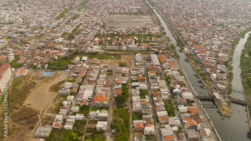 Aerial cityscape modern city Surabaya with buildings and houses. Surabaya capital city east java, indonesia