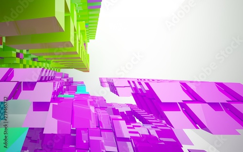 Abstract dynamic interior with gradient colored objects. 3D illustration and rendering