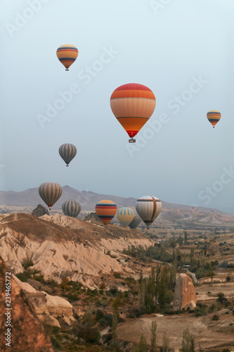 Hot Air Balloons In Sky. Colorful Flying Balloons In Nature 