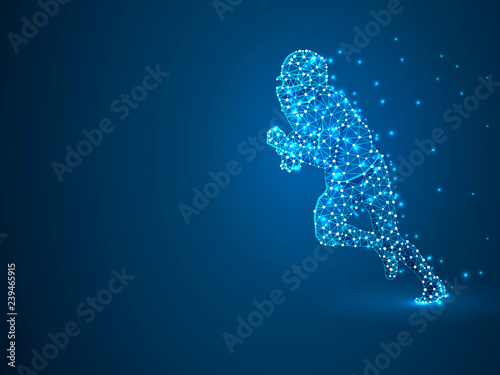Running American football player in action with the ball, made from lines, triangles, point connecting network on blue background. 3d low-poly wireframe Raster polygonal illustration