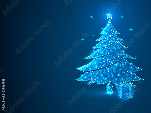 New year tree and gift box made from lines, triangles, point connecting network on blue background. Holiday wireframe concept. Low-poly Raster polygonal illustration