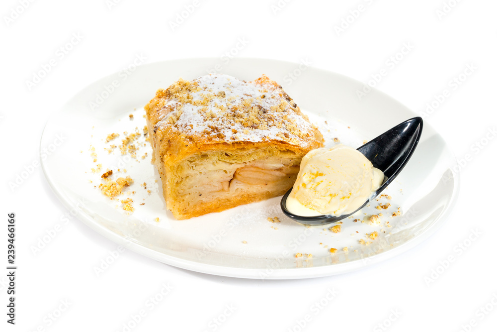 Pie with apples and ice cream isolated on white Pie with apples and ice cream isolated on white