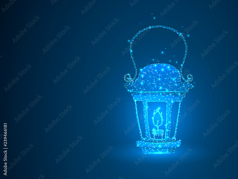 Lantern with the candle. Polygonal space low poly with connecting dots and lines. Light in the dark concept. Connection wireframe structure. Raster on dark blue background