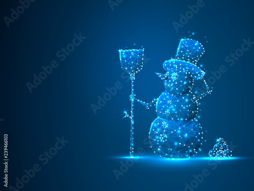 Snowman Polygonal space low poly with connecting dots and lines. Winter holiday snowman with a broom wireframe concept. Connection structure. Raster on dark blue background