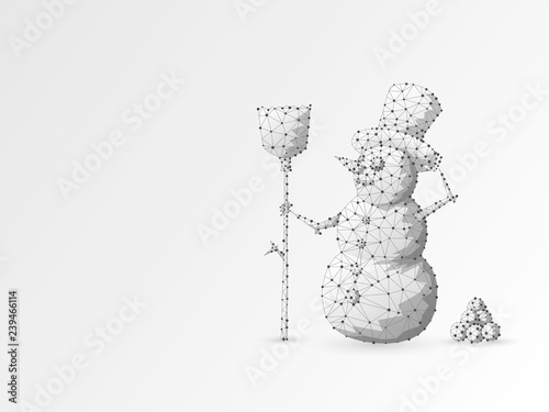 Origami Snowman. Polygonal space low poly with connecting dots and lines. Winter holiday snowman with a broom wireframe concept. Connection structure. Raster on white background