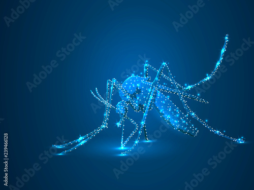 Mosquito that sucks blood, Polygonal space low poly with connecting dots and lines. Malaria concept. Connection wireframe structure. Raster on dark blue background