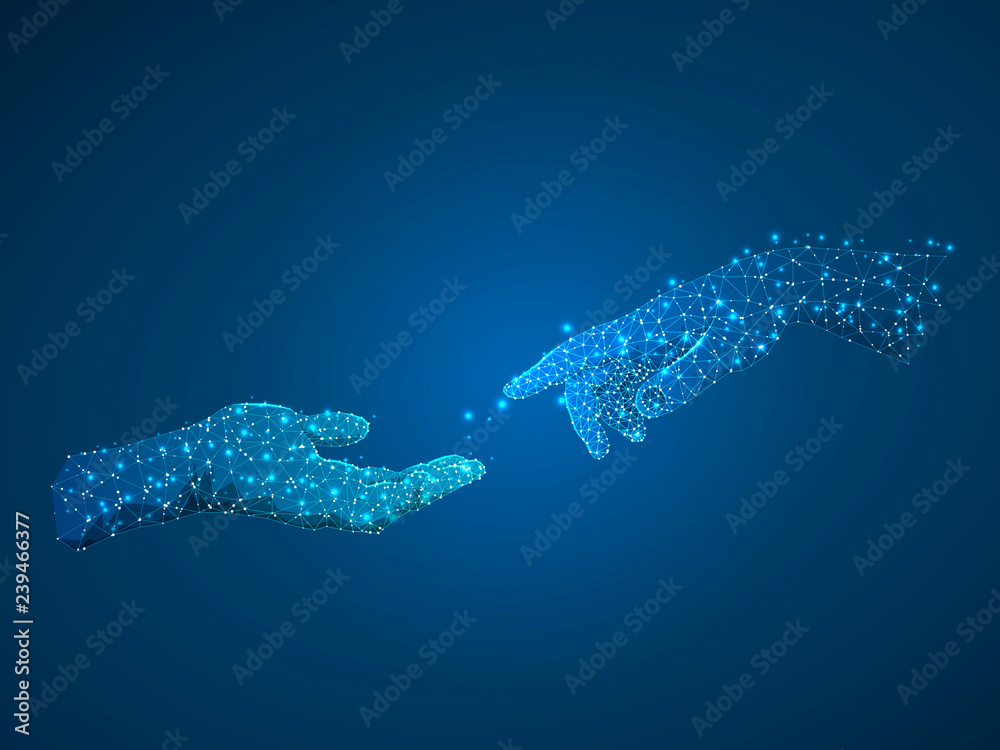 Hands connection, business conversation, Polygonal space low poly with connecting dots and lines. people communication concept. Connection wireframe structure. Raster on dark blue background