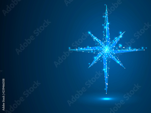 Polar Volumetric star with eight rays. Polygonal space low poly with connecting dots and lines. Star in the sky concept. Connection wireframe structure. Raster on dark blue background