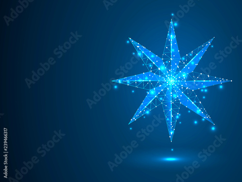 Volumetric star with eight rays. Polygonal space low poly with connecting dots and lines. Star in the sky concept. Connection wireframe structure. Raster on dark blue background