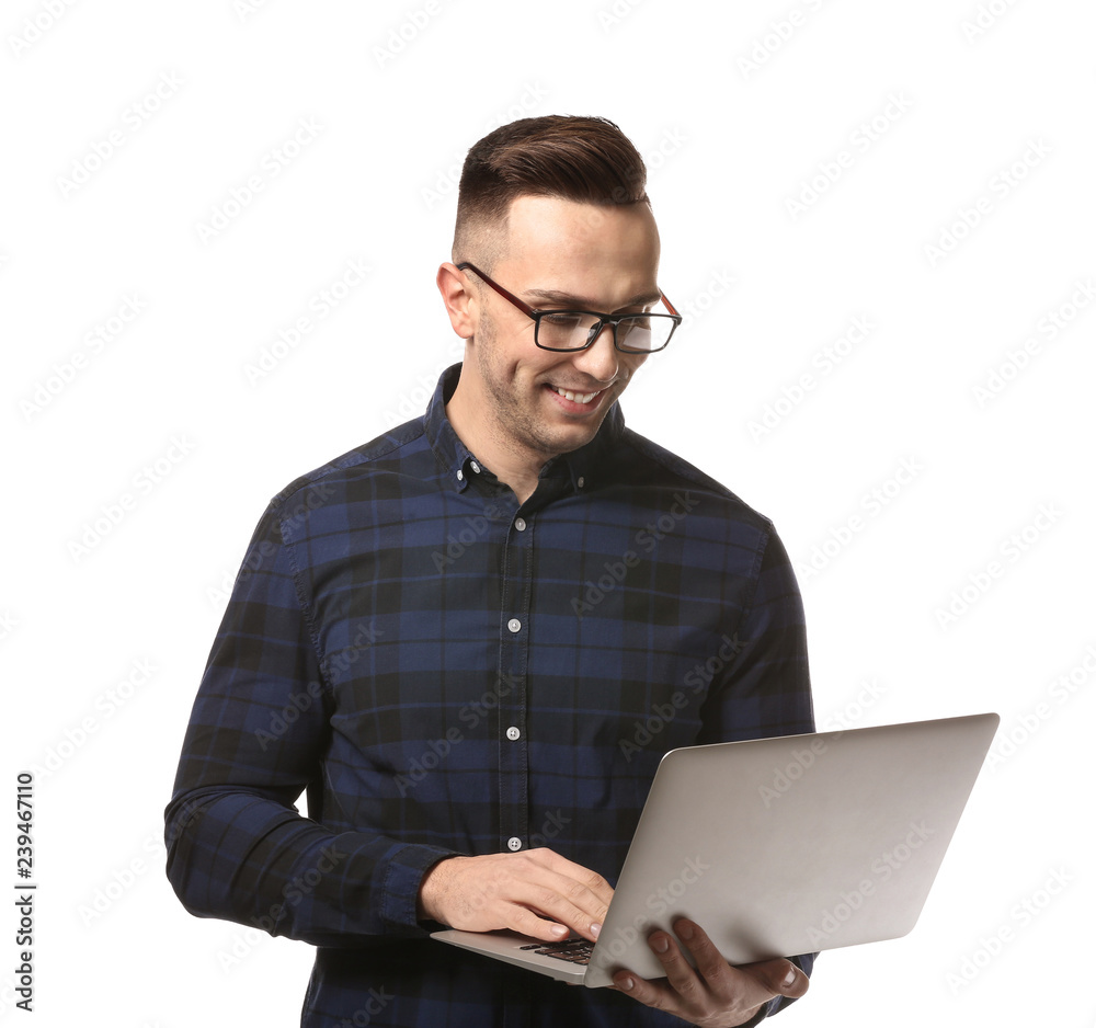 Young man with laptop on white background Young man with laptop on white background