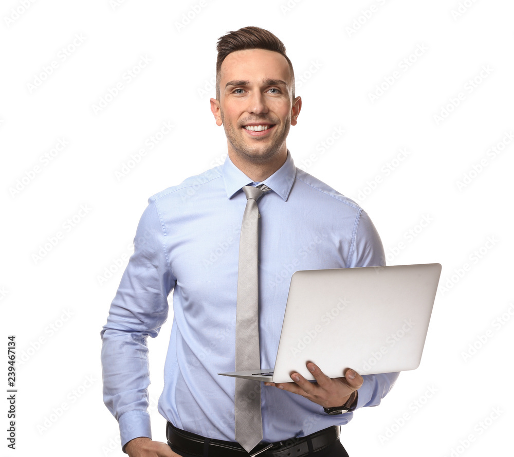Young businessman with laptop on white background Young businessman with laptop on white background