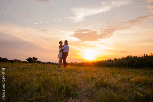 Rustic wedding couple at sunset in the field © oksix