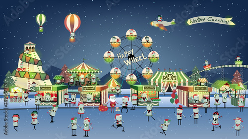Cute winter carnival cartoon on night.