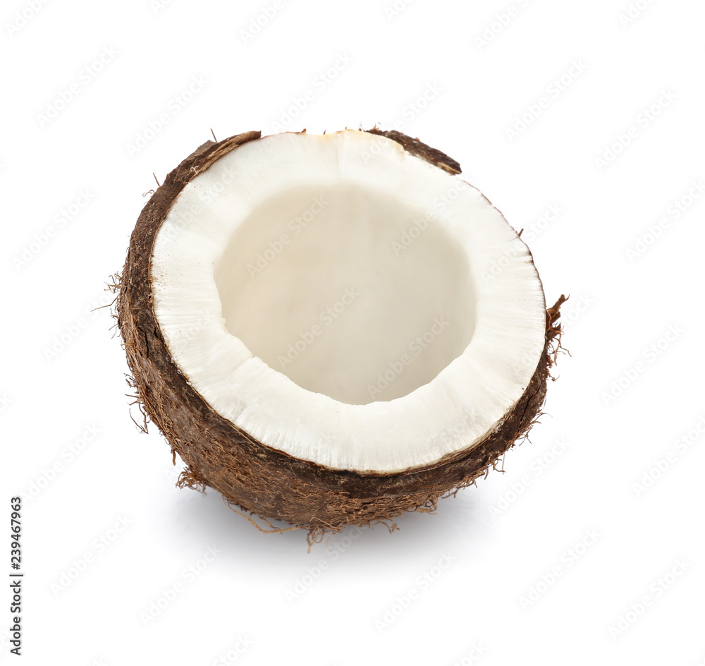 Half of ripe coconut on white background Half of ripe coconut on white background