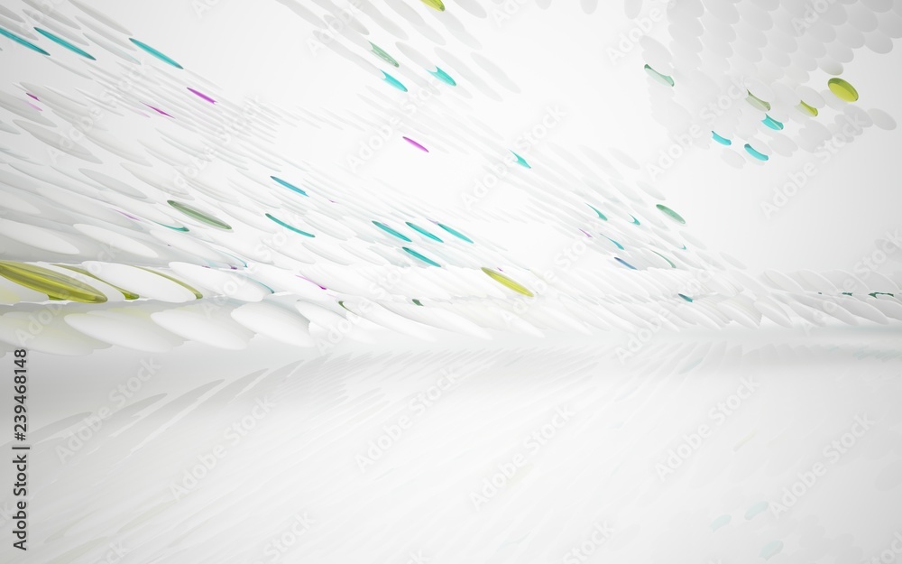 White smooth abstract architectural background whith colored gradient lines . 3D illustration and rendering White smooth abstract architectural background whith colored gradient lines . 3D illustration and rendering