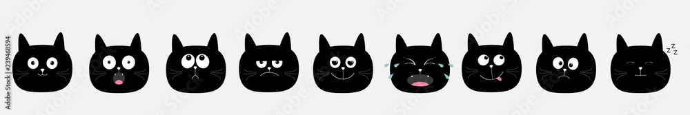 Cute cat icon set. Cute cartoon kawaii characters. Emotion collection. Round head face. Gray background. Isolated. Flat design.