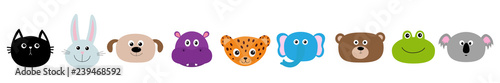Zoo animal head face set. Cute cartoon character Baby children education. Cat, rabbit, hare, jaguar, dog, hippopotamus elephant, bear, frog koala. Flat design. White background Isolated © worldofvector