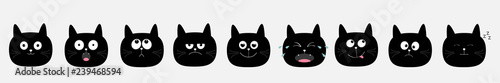 Fototapeta Naklejka Na Ścianę i Meble -  Cute cat icon set. Cute cartoon kawaii characters. Emotion collection. Round head face. Gray background. Isolated. Flat design.