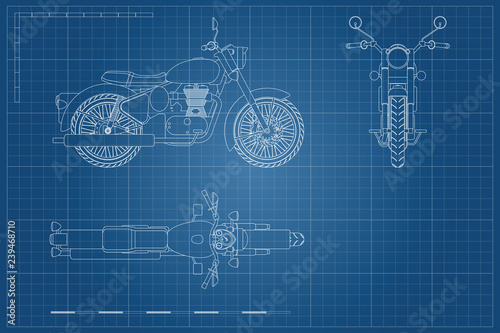 Blueprint of retro classic motorcycle in outline style. Side, top and front view. Industrial drawing of vintage motorbike
