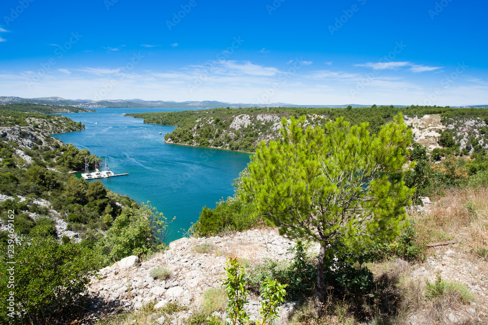Top view landscape with mountains and river at Krka National park, Croatia.
