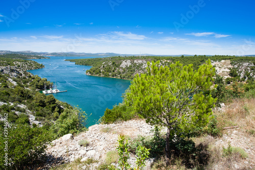 Top view landscape with mountains and river at Krka National park, Croatia.