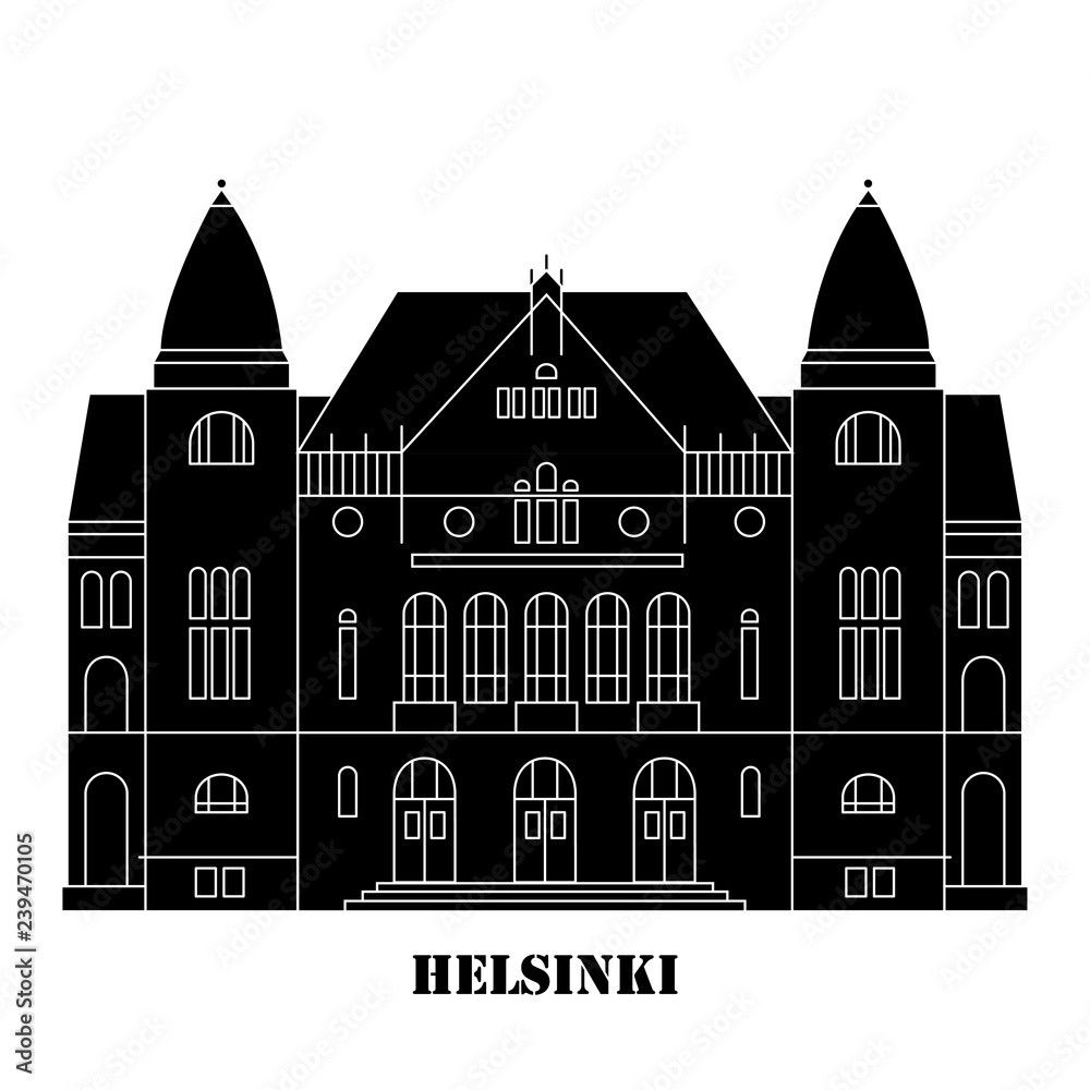 Finnish National Theatre in Helsinki, Finland. Landmark icon for travel agency. Vector illustration.