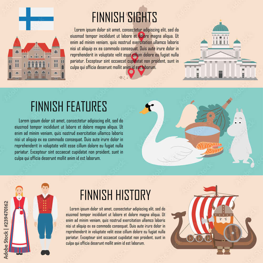 Finland banner set with finnish sights, features, history. Vector illustration