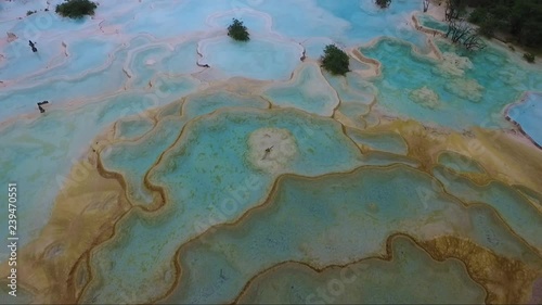 Remarkable aerial shot over gorgeous calcite deposits in Huanglong valley photo