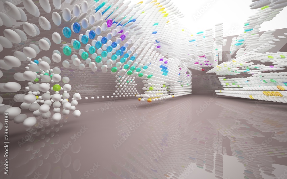 Obraz premium Abstract dynamic brown room interior with white and gradient colored smooth objects . 3D illustration and rendering