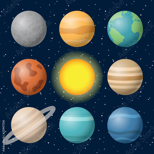 Fototapeta Naklejka Na Ścianę i Meble -  planets of the solar system mercury venus earth mars jupiter saturn uranus neptune sun on space sky star vector