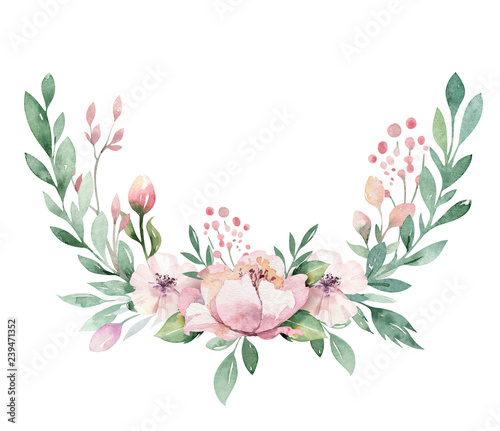 Fototapeta Naklejka Na Ścianę i Meble -  Hand drawn watercolor wreath illustration. Isolated Botanical wreathes of green branches and flower leaves. Spring and summer mood. Wedding blossom Floral Design elements.