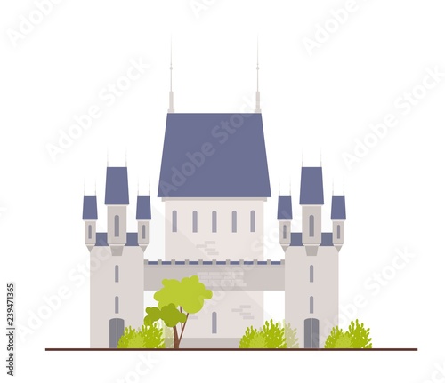 Beautiful medieval castle, fortress, citadel or stronghold isolated on white background. Facade of royal residence or ancient historical building. Colorful vector illustration in flat cartoon style.