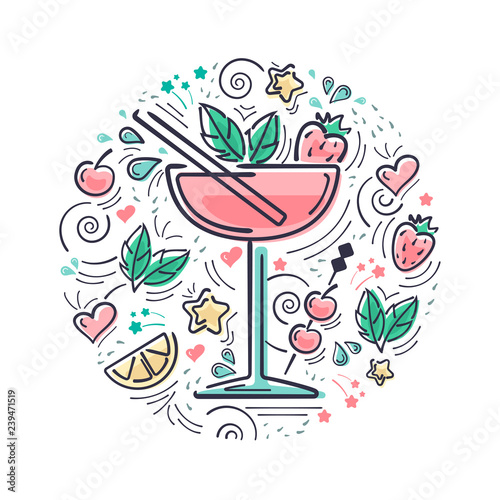 Vector card with cocktail daiquiri and decoration elements. Hand drawn style illustration.  Suitable for bar menu design, invitation, advertisign or textile print