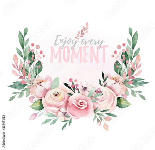 Fototapeta Naklejka Na Ścianę i Meble -  Hand drawn watercolor wreath illustration. Isolated Botanical wreathes of green branches and flower leaves. Spring and summer mood. Wedding blossom Floral Design elements.