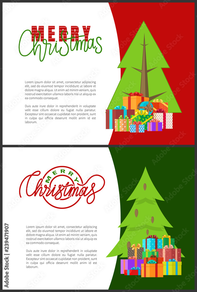 Naklejka premium Merry Christmas Postcards with Green Xmas Trees