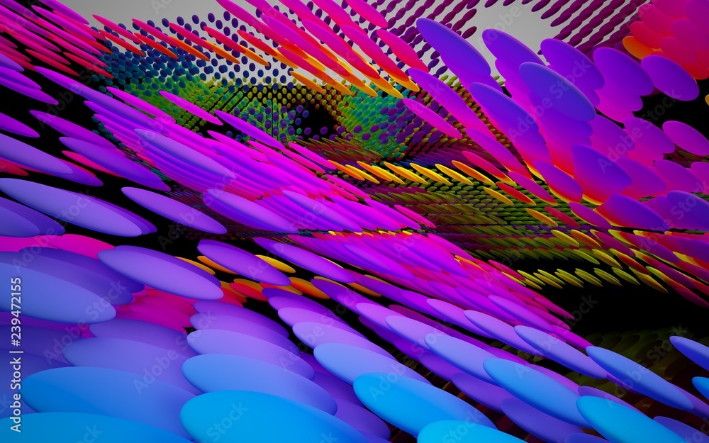 Fototapeta premium Abstract dynamic interior with colored gredient smooth objects and black room . 3D illustration and rendering