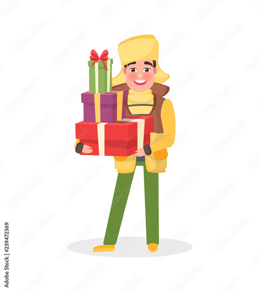 Man in Warm Winter Cloth with Christmas Presents