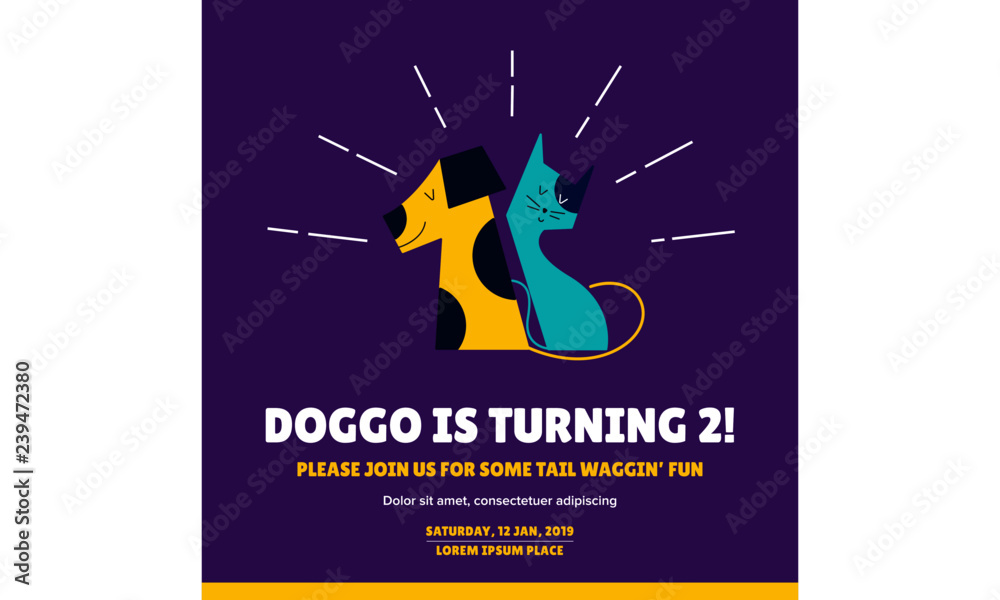 Pet Party Poster Template. Vector illustration of dog and cat wearing sunglasses. Pet Birthday Concept. Party Greetings Card. Pet Party Poster Template. Vector illustration of dog and cat wearing sunglasses. Pet Birthday Concept. Party Greetings Card.