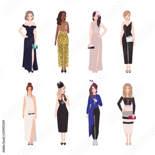 Collection of girls in luxury evening outfits isolated on white background. B...