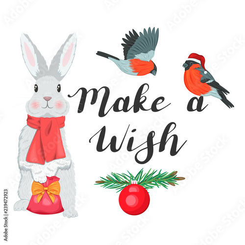 Make a wish. Festive illustration with bunny and bullfinches on a white background