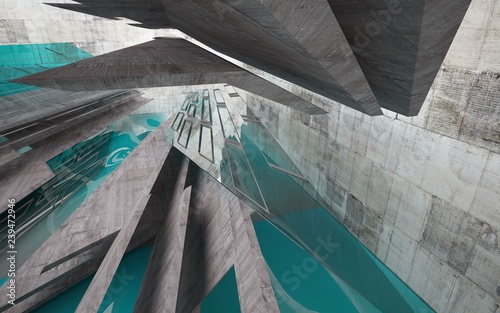 Abstract interior of concrete with blue water. Architectural background. 3D illustration and rendering 