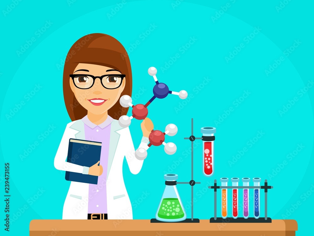 The concept of the scientist. Girl scientist at the table conducting an  experiment. In flat style on blue background. Cartoon. Stock Vector | Adobe  Stock