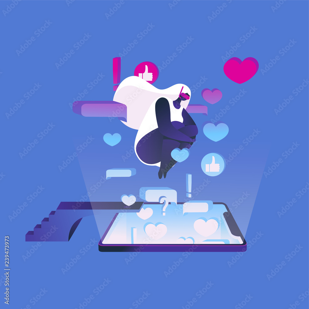 Girl in diving mask and swimsuit jumping in screen of smartphone, filled with likes, hearts, messages. Flar contemporary illustration on blue color in bright gradients for mobile internet banner