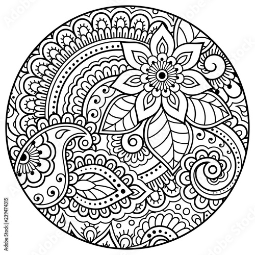 Outline round floral pattern for coloring book page. Antistress for adults and children. Doodle ornament in black and white. Hand draw vector illustration.