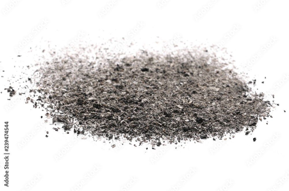 Ash pile isolated on white background, texture