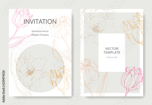 Vector Tulip engraved ink art. Wedding background card floral border. Thank you, rsvp, invitation card illustration . #239474526