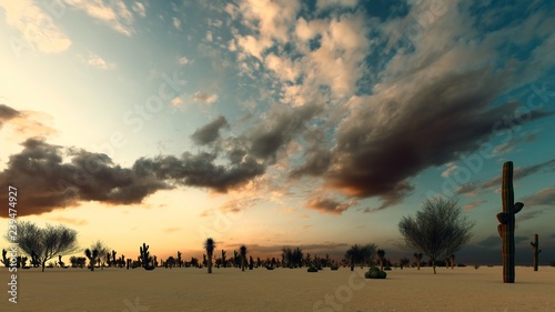 Sunset in the Desert with Cacti 3d rendering