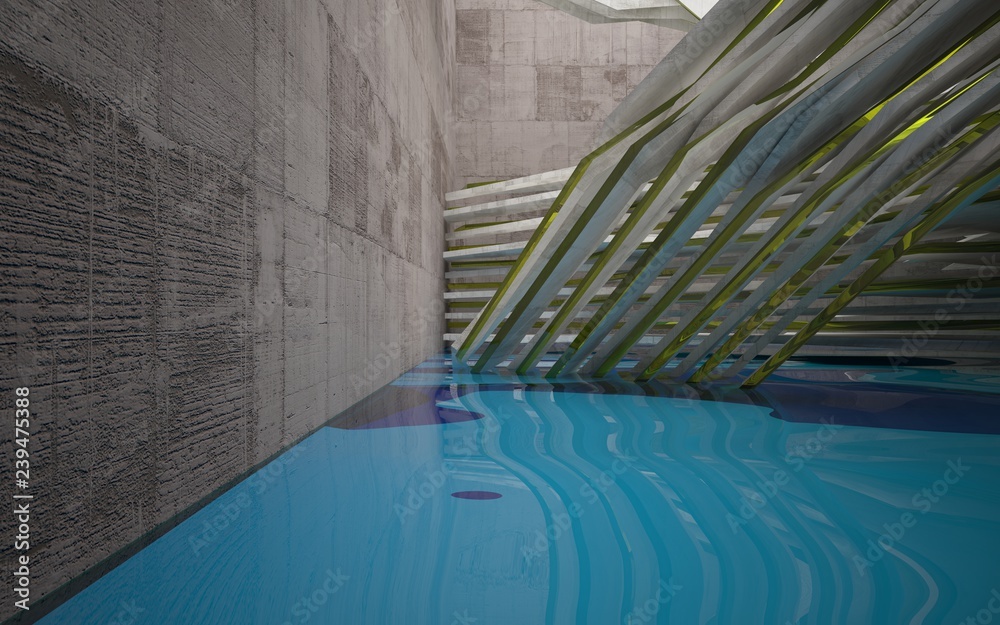 Fototapeta premium Abstract interior of concrete with blue water. Architectural background. 3D illustration and rendering