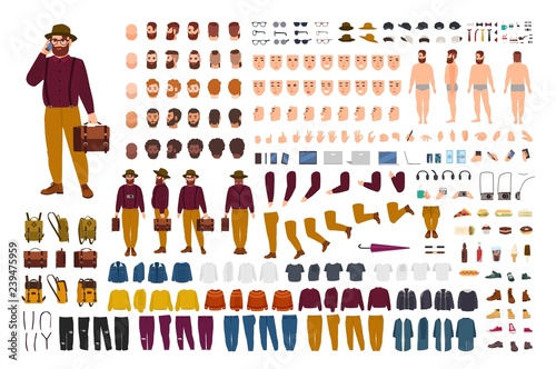 Fat or stout man constructor set or DIY kit. Bundle of flat cartoon character body parts in various postures, stylish clothes isolated on white background. Front, side, back view. Vector illustration.